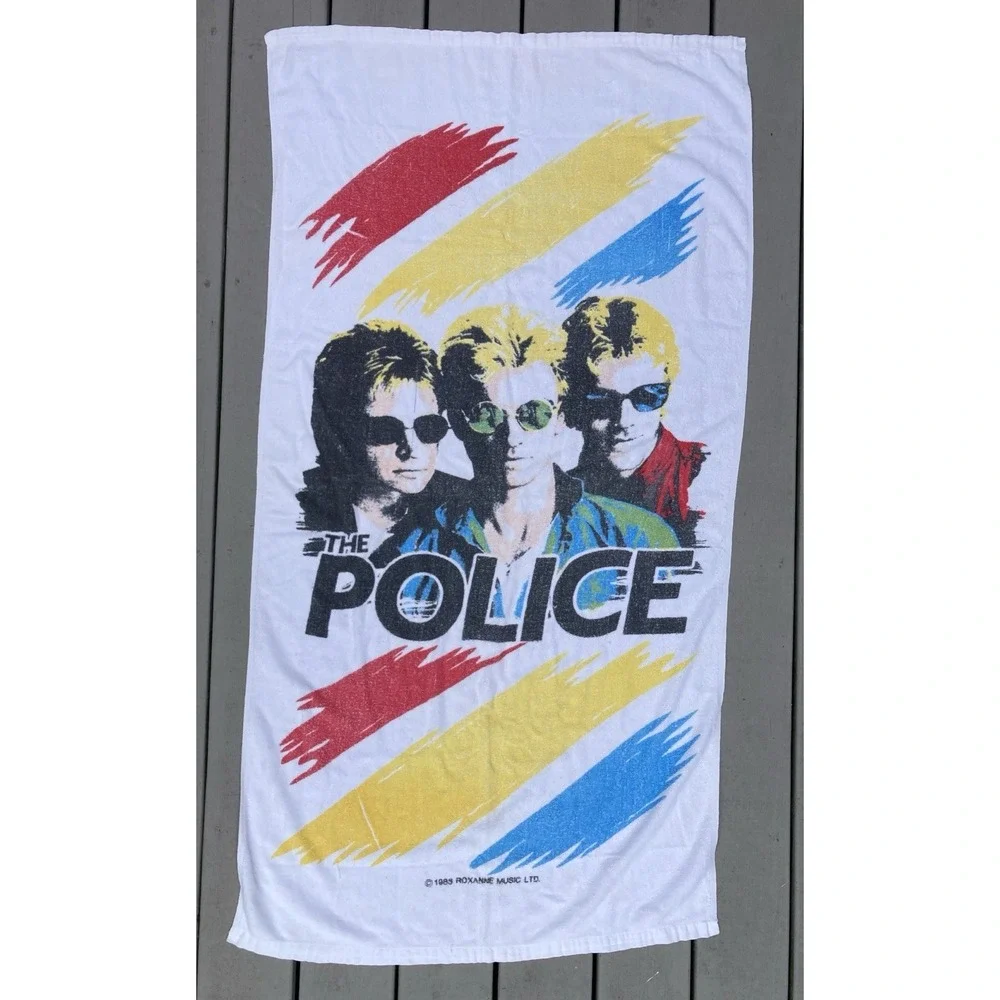 Vintage cotton printed beach towel The Police Synchronicity 1980s R A Briggs